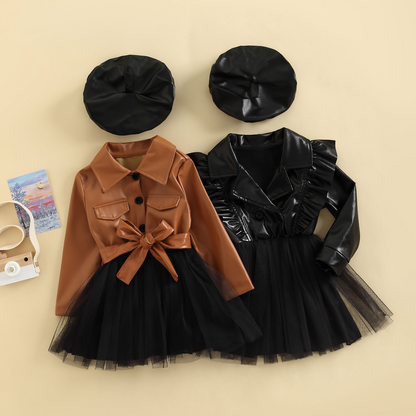 Children's leather-style dress with lace skirt + hat