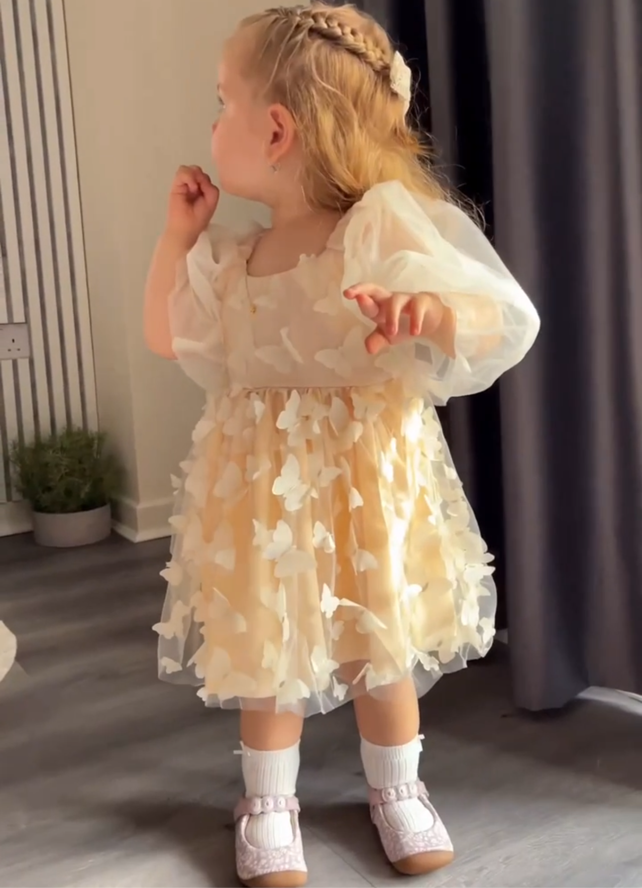 Children's beige butterfly dress + Headband