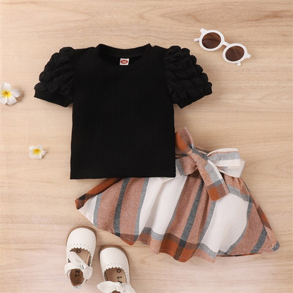 Children's set with checkered brown skirt