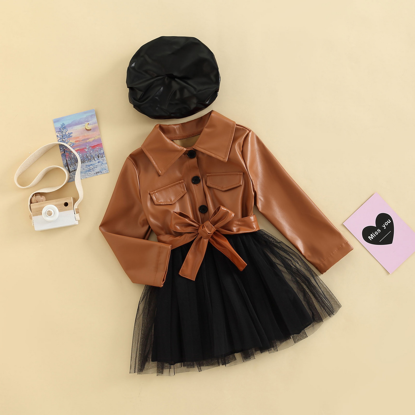 Children's leather-style dress with lace skirt + hat