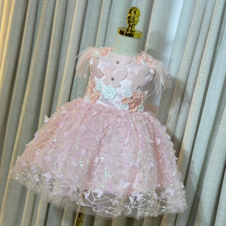 Children's Party Dress Butterflies and Feathers Sequin