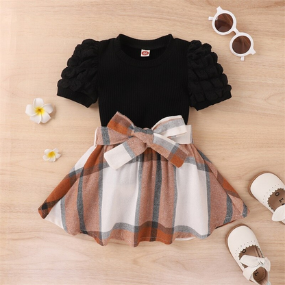 Children's set with checkered brown skirt