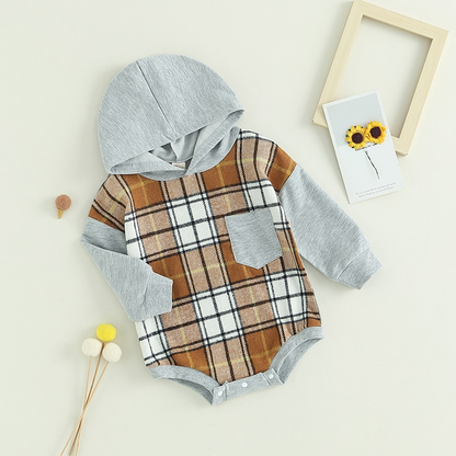 Children's plaid bodysuit with hood and pocket