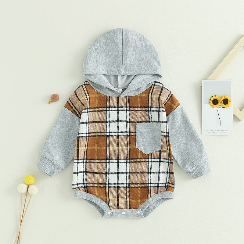 Children's plaid bodysuit with hood and pocket