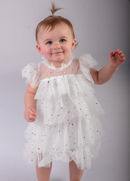 Children's party dress with lace ruffles and stars