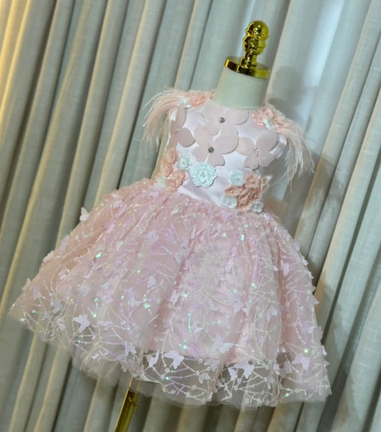 Children's Party Dress Butterflies and Feathers Sequin