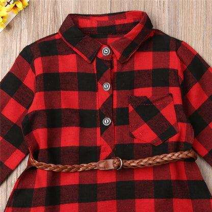 Children's red plaid dress with belt