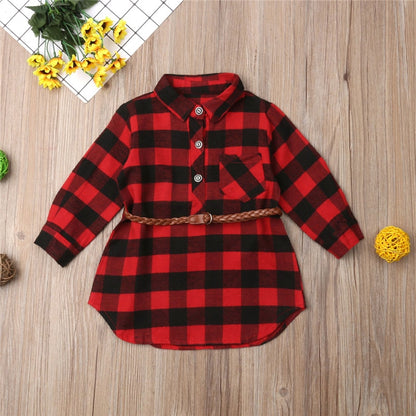 Children's red plaid dress with belt