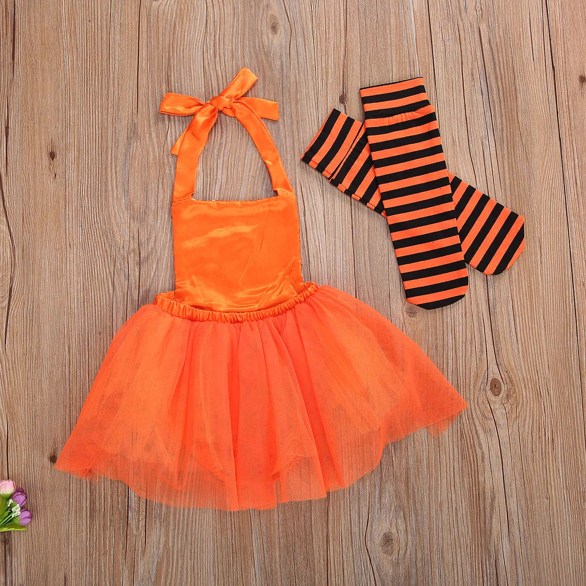 Halloween Costume Cute Pumpkin Face Sequin Halter Romper Tutu Dress + Striped Socks