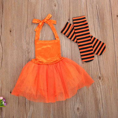 Halloween Costume Cute Pumpkin Face Sequin Halter Romper Tutu Dress + Striped Socks