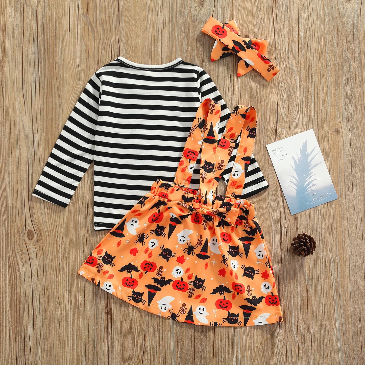 Halloween , Stripe Long Sleeves T-Shirt + Cartoon Print Suspenders Skirt + Headband for Girls