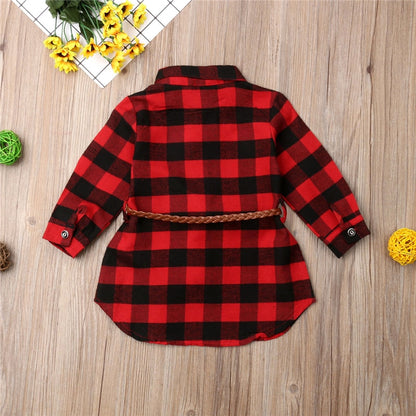 Children's red plaid dress with belt