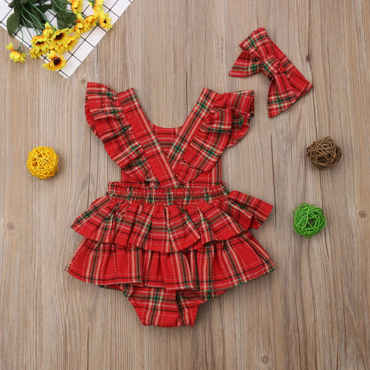 Children's red plaid bodysuit + headband