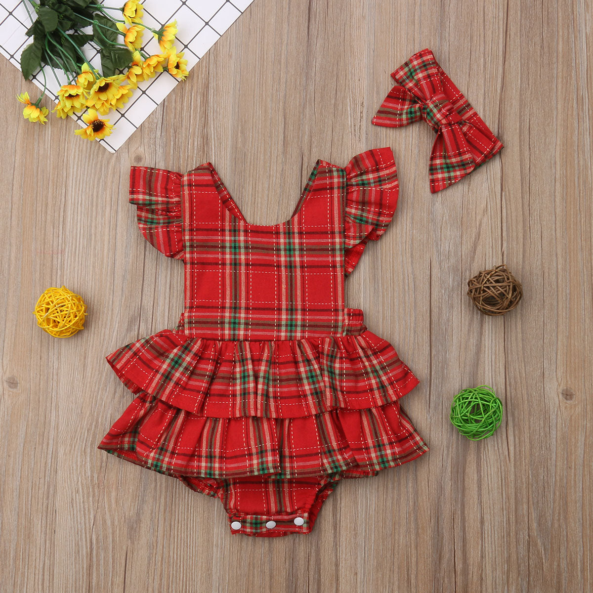 Children's red plaid bodysuit + headband