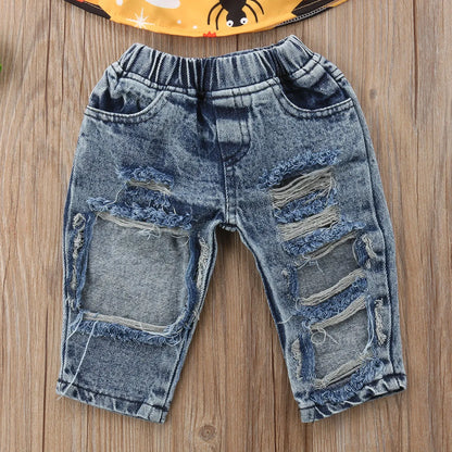 Halloween Toddler Vest Crops Tops+Ripped Denim Pants+Headband