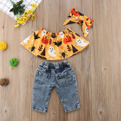 Halloween Toddler Vest Crops Tops+Ripped Denim Pants+Headband