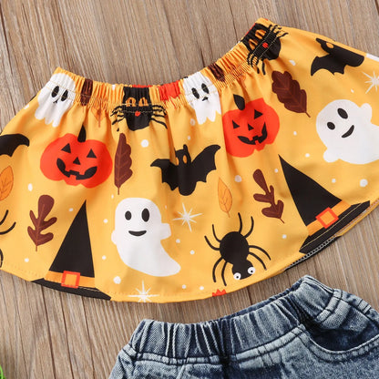 Halloween Toddler Vest Crops Tops+Ripped Denim Pants+Headband