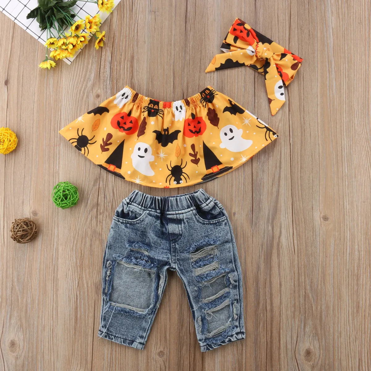 Halloween Toddler Vest Crops Tops+Ripped Denim Pants+Headband