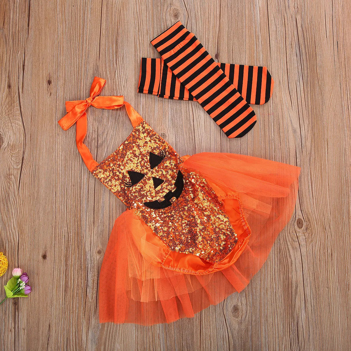 Halloween Costume Cute Pumpkin Face Sequin Halter Romper Tutu Dress + Striped Socks