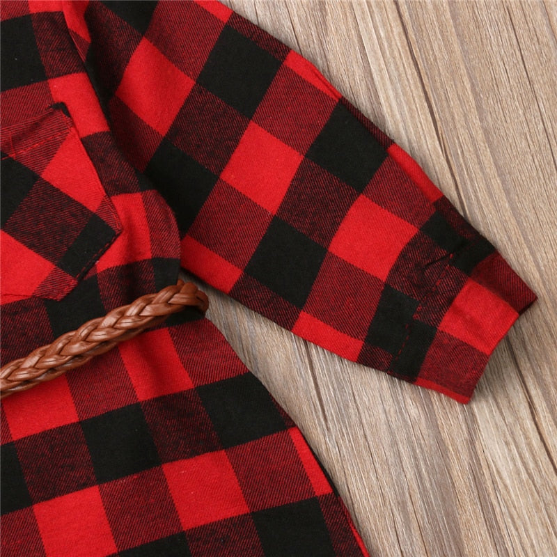 Children's red plaid dress with belt