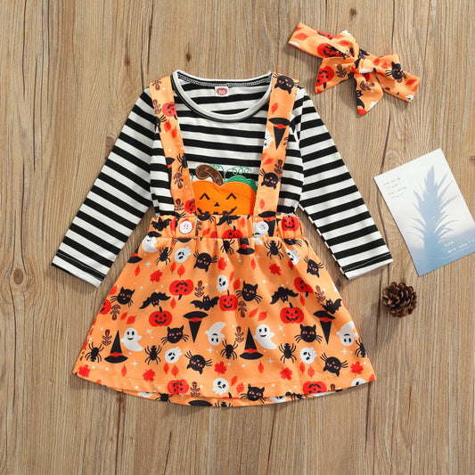 Halloween , Stripe Long Sleeves T-Shirt + Cartoon Print Suspenders Skirt + Headband for Girls