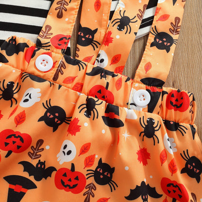 Halloween , Stripe Long Sleeves T-Shirt + Cartoon Print Suspenders Skirt + Headband for Girls