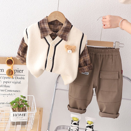 Men's Children's Set 3 Pieces Teddy Bear Checkered Shir