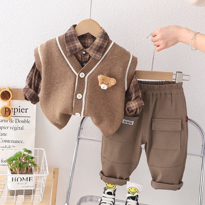 Men's Children's Set 3 Pieces Teddy Bear Checkered Shir