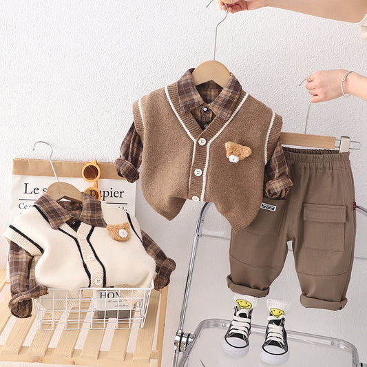 Men's Children's Set 3 Pieces Teddy Bear Checkered Shir