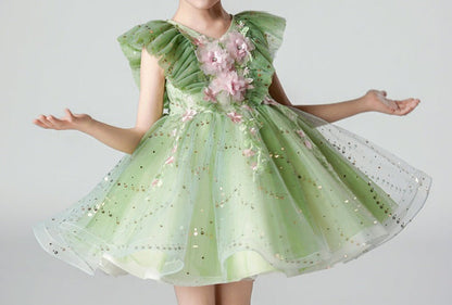 Children's Dress Green Flowers