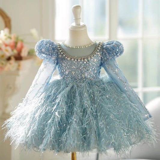 Blue Sparkly Feathered Party Dress