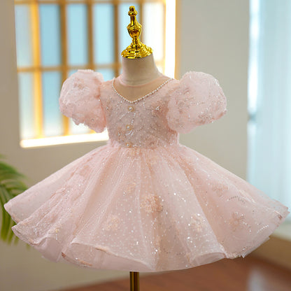 Children's Party Dress Pink Stones and Flowers