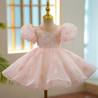 Children's Party Dress Pink Stones and Flowers