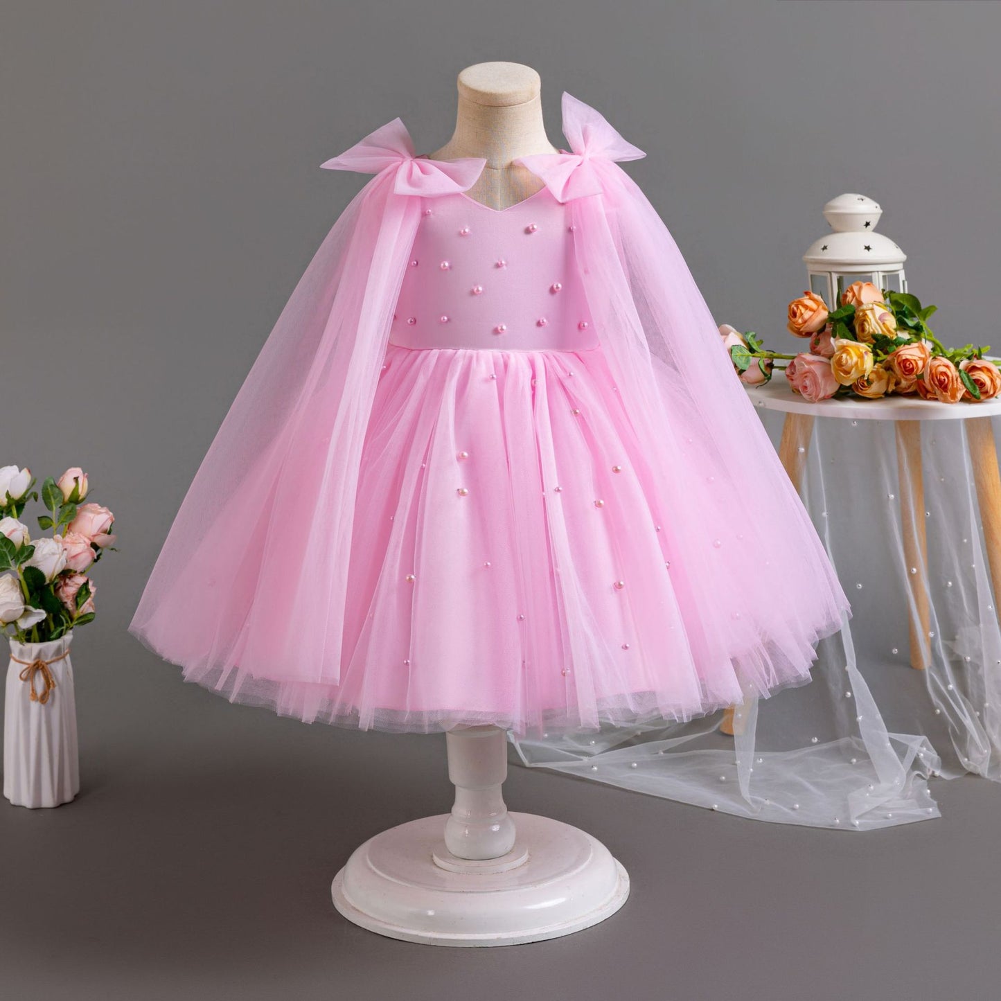 Pearls and Tulle Strap Party Dress