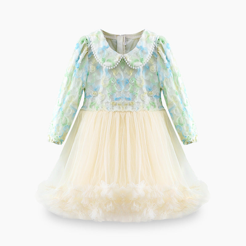 Children's Dress Floral Tulle Collar Pearls