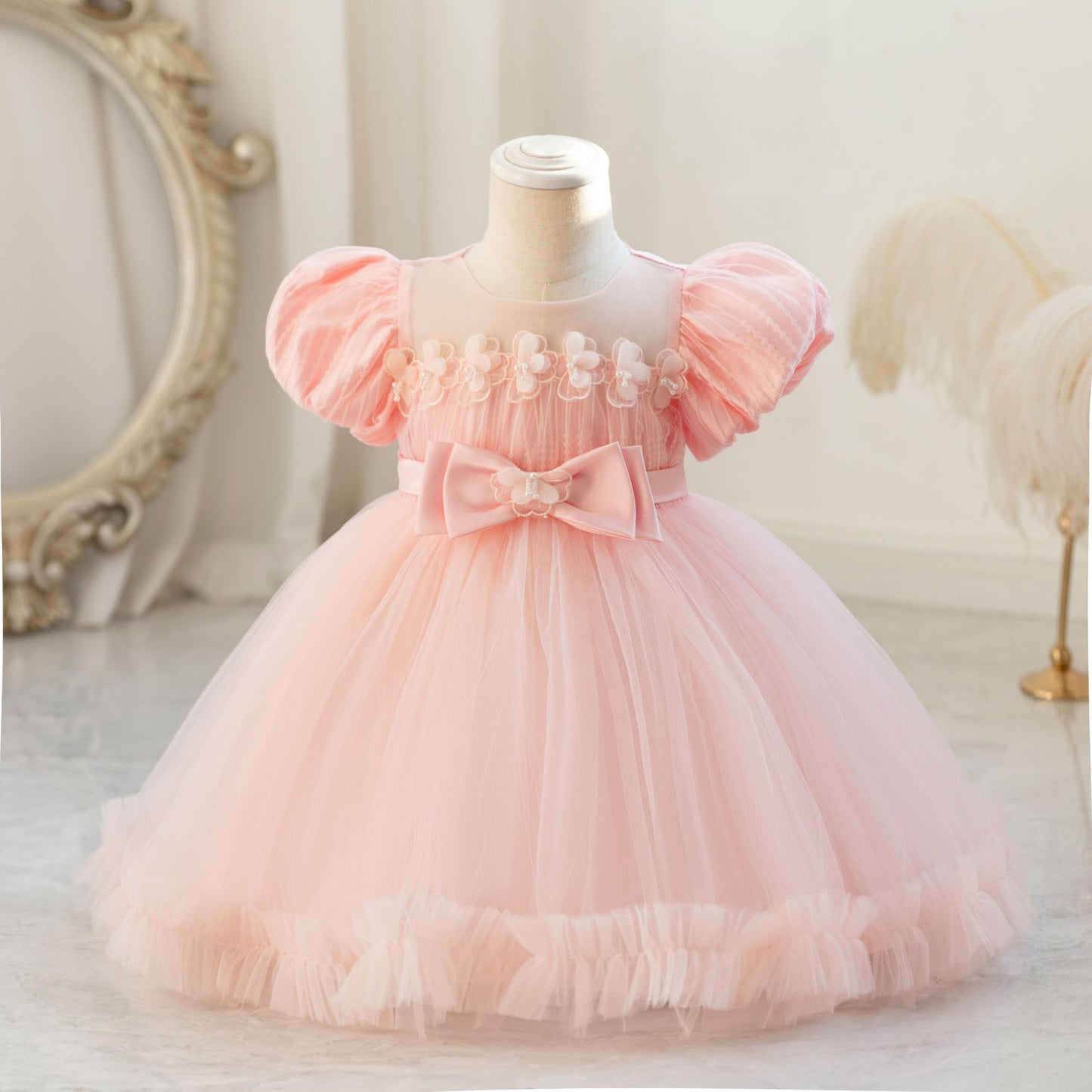 Children's Party Dress with Puff Sleeve and Bow