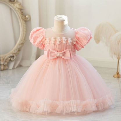 Children's Party Dress with Puff Sleeve and Bow