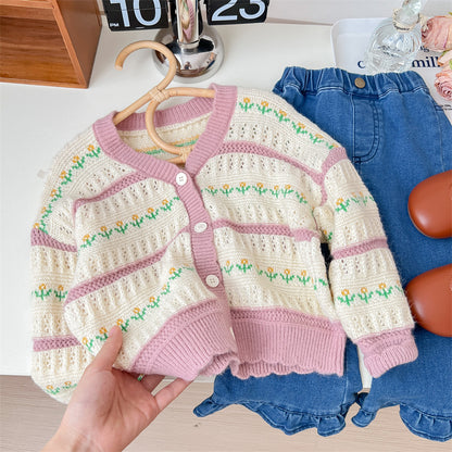 Women's Children's Floral Stripes Cardigan