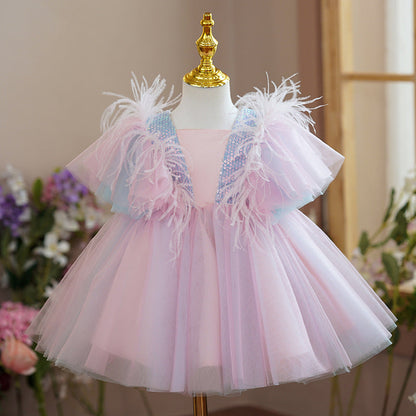 Children's Party Dress Tulle Sequins and Fur