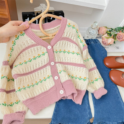 Women's Children's Floral Stripes Cardigan