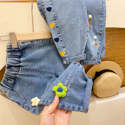 Girls' Jeans Pants Little Flowers and Little Hearts