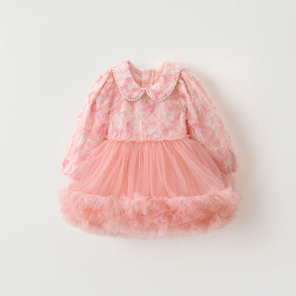 Children's Dress Floral Tulle Collar Pearls