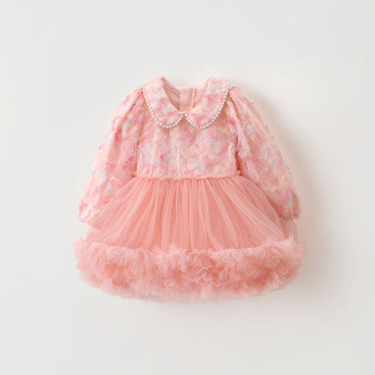 Children's Dress Floral Tulle Collar Pearls