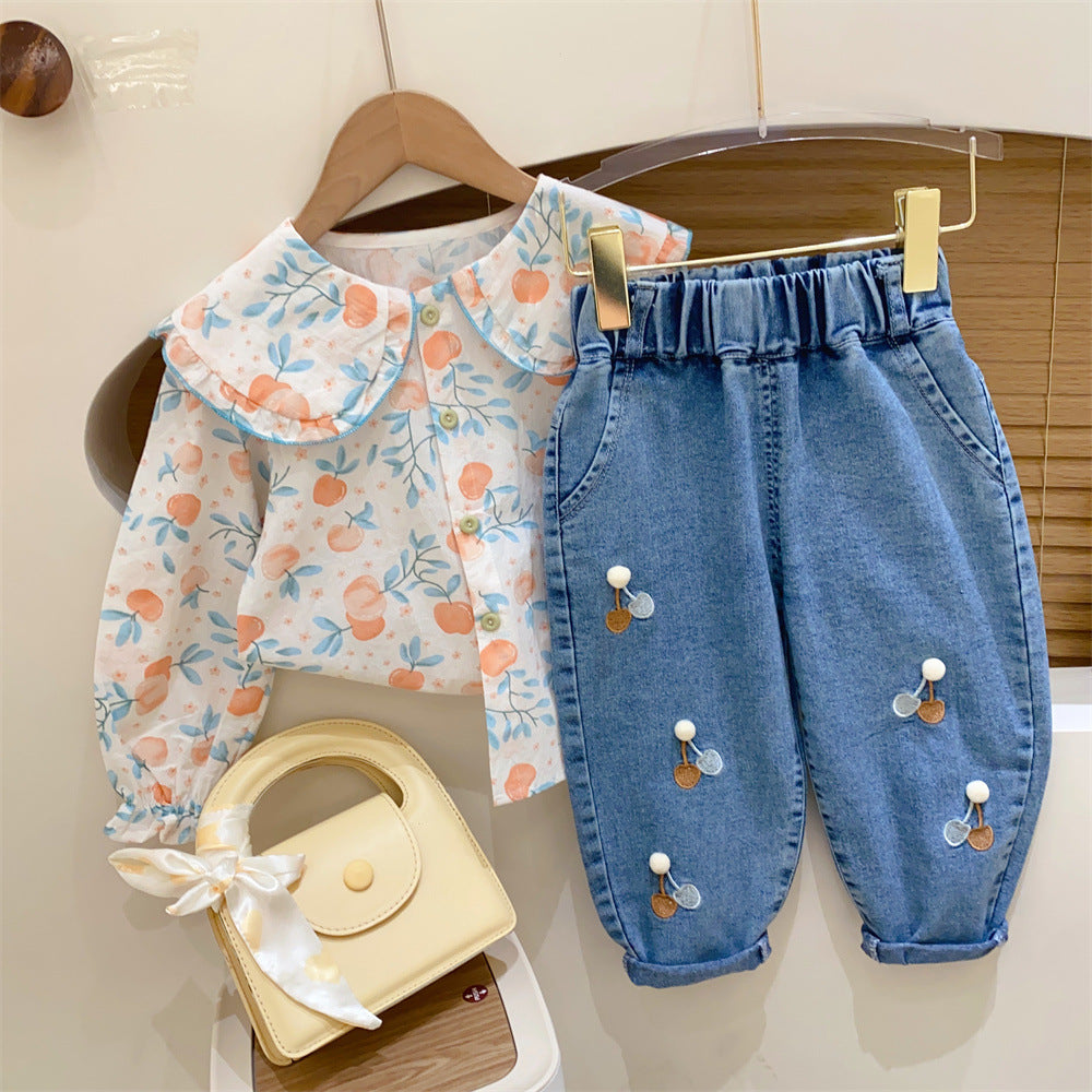 Girls' Jeans Pants Little Flowers and Little Hearts