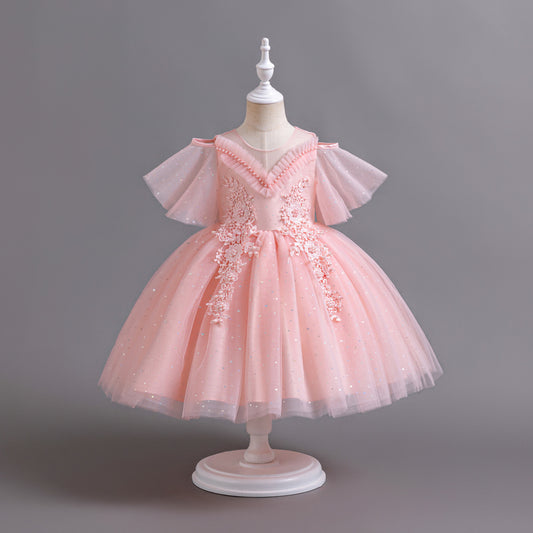 Children's Dress Pink Pearls Flowers