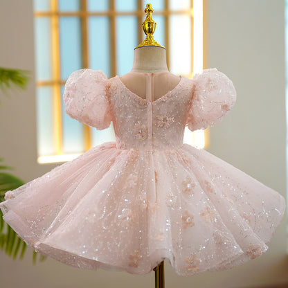 Children's Party Dress Pink Stones and Flowers