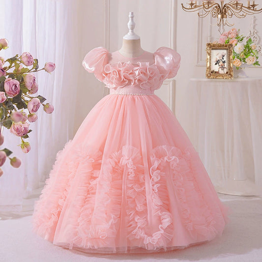 Long Children's Dress with Tulle Ruffles