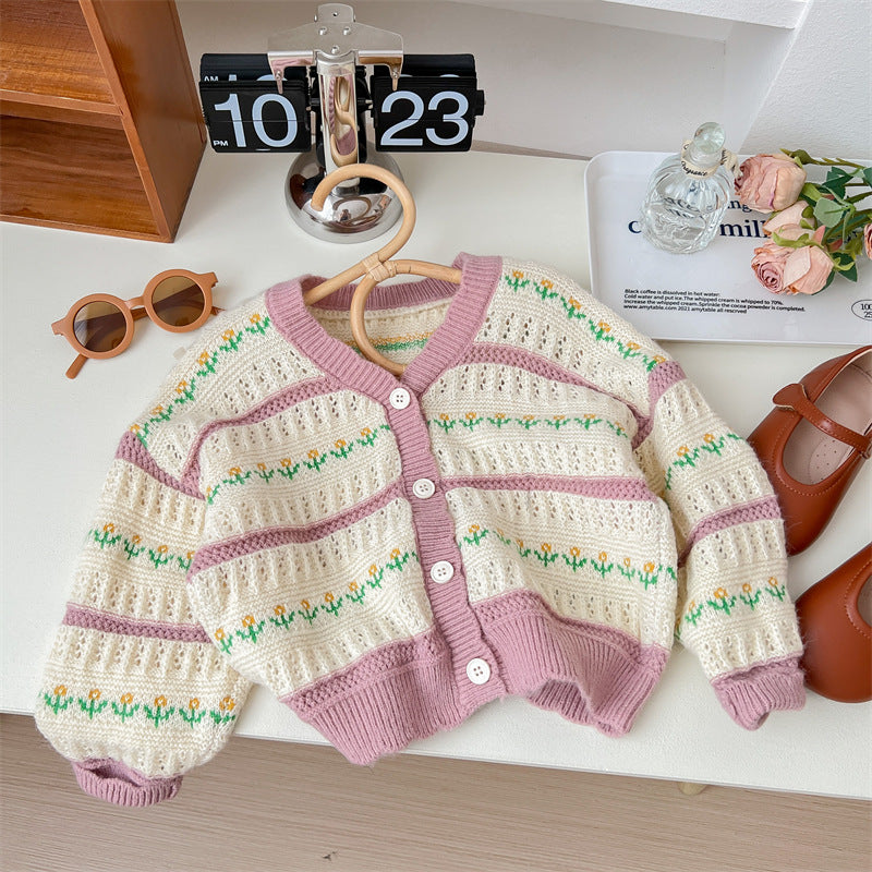 Women's Children's Floral Stripes Cardigan