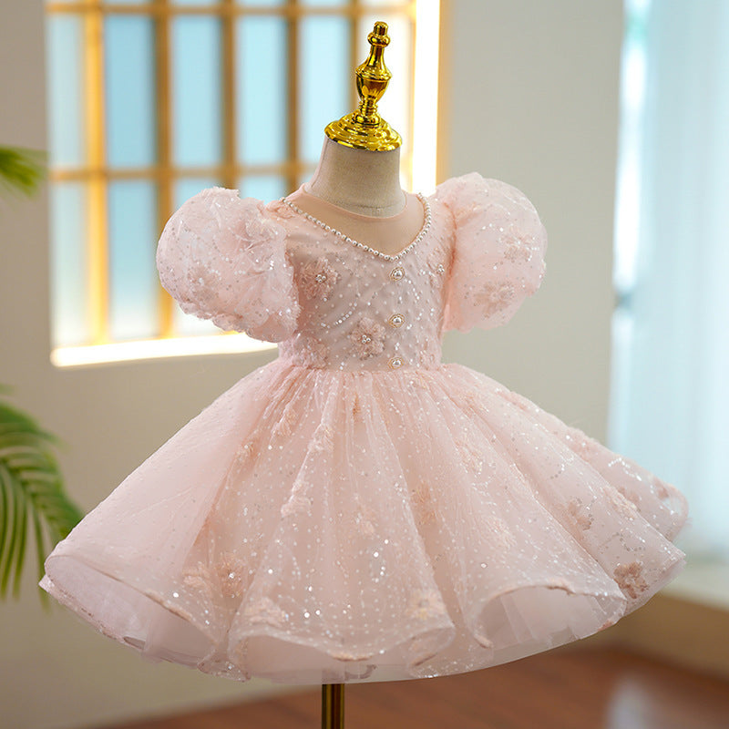 Children's Party Dress Pink Stones and Flowers