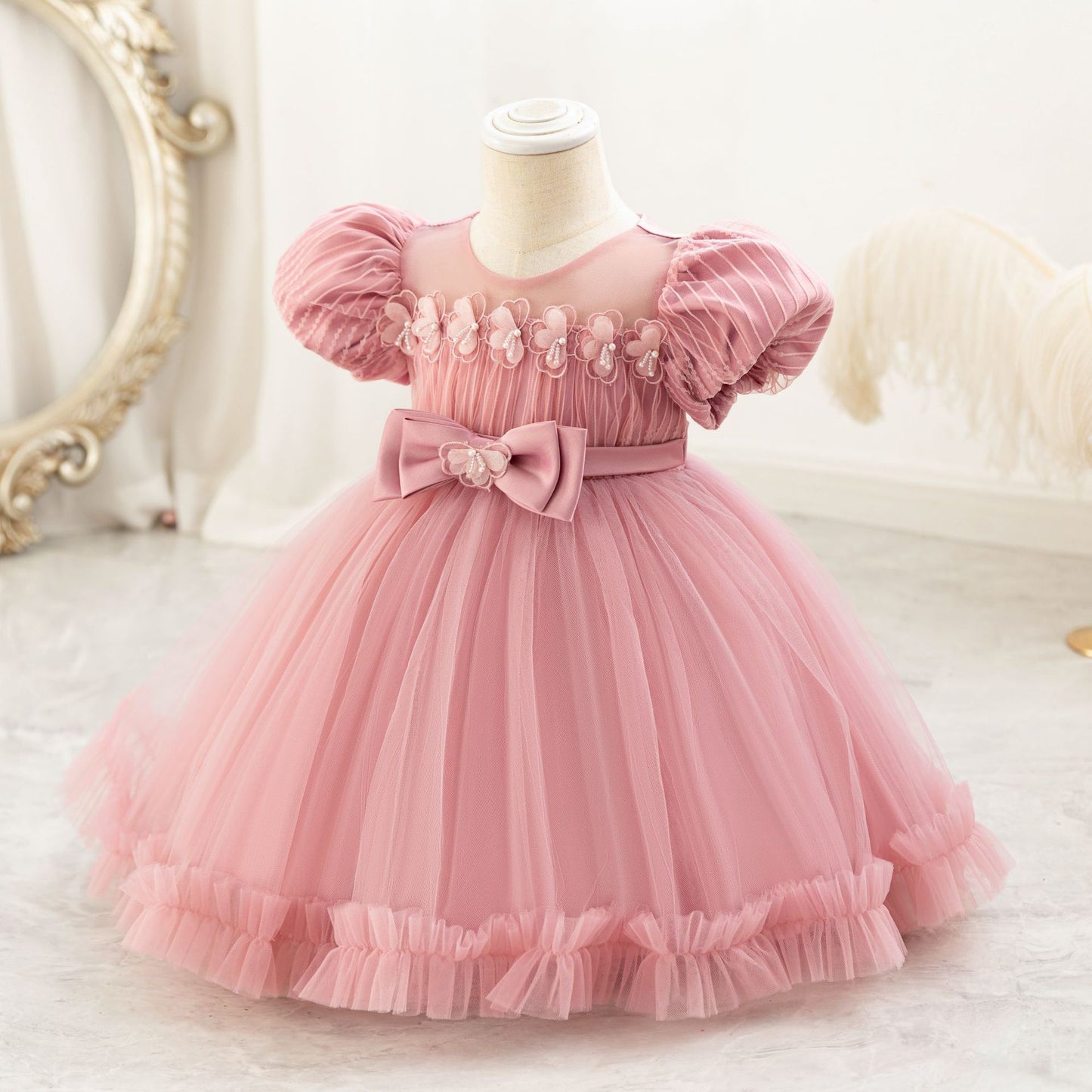 Children's Party Dress with Puff Sleeve and Bow